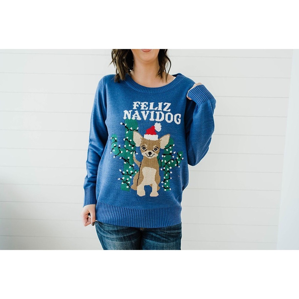 Tipsy Elves Feliz Navidog Chihuahua Christmas Sweater Blue Small NWT